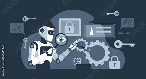 Ai Powered Security System Inspects Data With Magnifying Glass And Gears