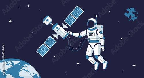 Astronaut Repairing A Satellite Orbiting Earth In Deep Space Expedition
