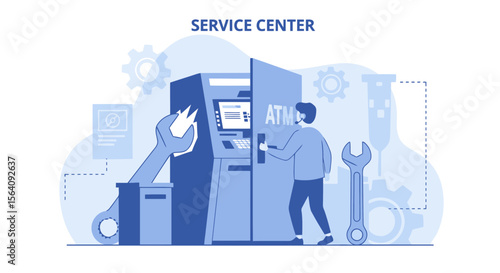 Atm Maintenance Man Inspecting Banking Machine For Troubleshooting And Repair