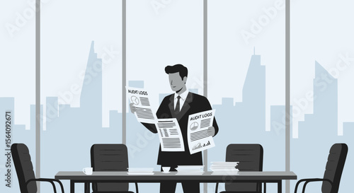 Auditor Analyzing Financial Statements In An Office With A City View
