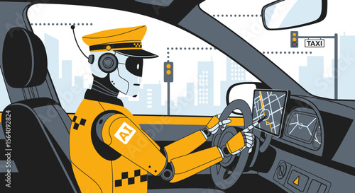 Autonomous Taxi Future Concept With Robotic Driver On The City Streets