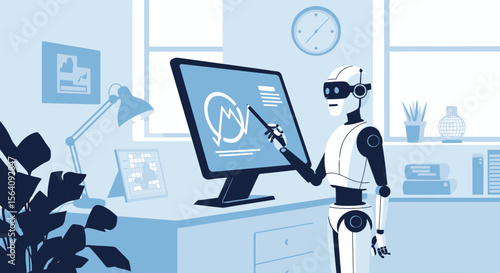Automated Analysis Robot Presenting Data Analysis on Screen in Home Office