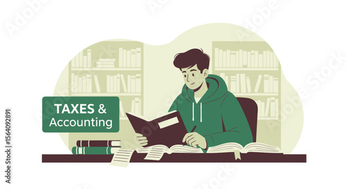 Boy Learning About Taxes And Accounting Studying Hard In A Library