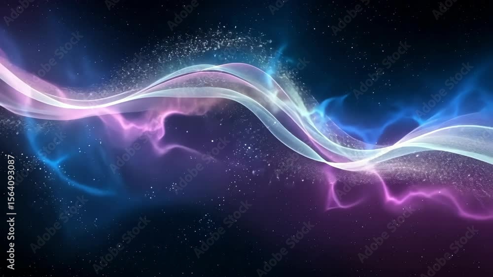Abstract energy wave with pink, blue, and white flowing light and particles on dark space background. Abstract energy concept. Abstract energy wave with pink, blue, and white flowing light and particles on dark space background. Abstract energy concept.