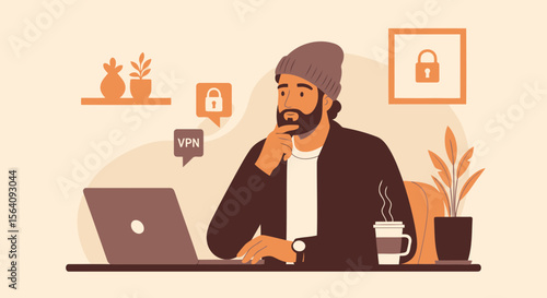 Bearded Man Utilizing Vpn For Secure Online Activity While Working At Home