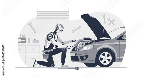 Automated Automotive Repair Service Robot Technician Fixing Car Engine