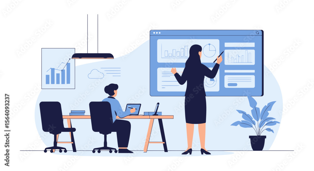 Business Presentation With Data Analyst Explaining Charts and Graphs In The Office Business Presentation With Data Analyst Explaining Charts and Graphs In The Office