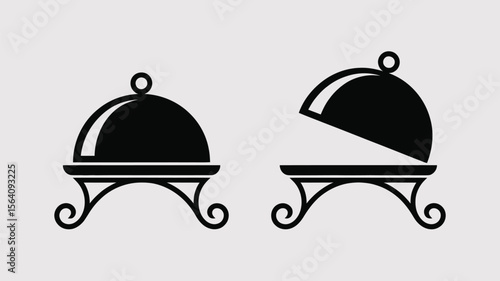 Two black serving trays one closed and one open on a white background in a simple vector style