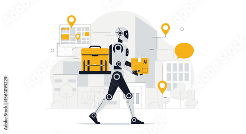Autonomous Delivery Robot Delivering Packages in a Futuristic Cityscape Scene