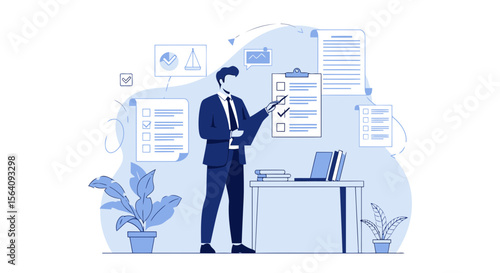 Business Presentation With Checklist And Charts For Project Management Progress