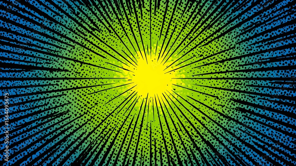 Obraz premium Abstract radiating light pattern with green yellow and blue colors.