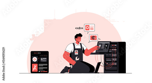 Computer Technician Maintaining Network Server With Tablet Device And Wrench