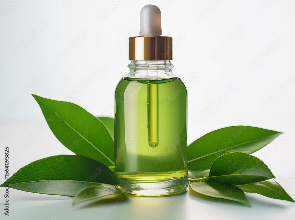 tea tree oil in a glass serum bottle with dropper on white background. tea tree leaves tea tree oil in a glass serum bottle with dropper on white background. tea tree leaves