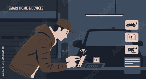 Connected Garage Modern Man Controlling Car Maintenance With Smart Technology