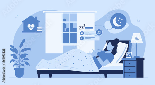 Connected Sleep Monitoring With Smartwatch At Night In Bed Illustration