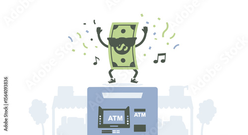 Cool Cash Celebration Funny Money Dollar Dancing on Atm Banking Vector