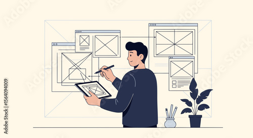 Creative Designer Developing Wireframe Project On Tablet For User Interface And Experience
