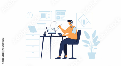 Creative Professional Designs Website Interface In Home Studio Workplace Illustration