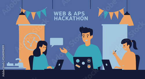 Creative Team Developing App At Web Hackathon Event Together Illustration