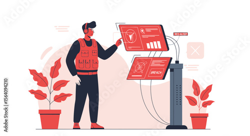 Cybersecurity Technician Monitoring Threat Data On Touchscreen Interface Display Panel