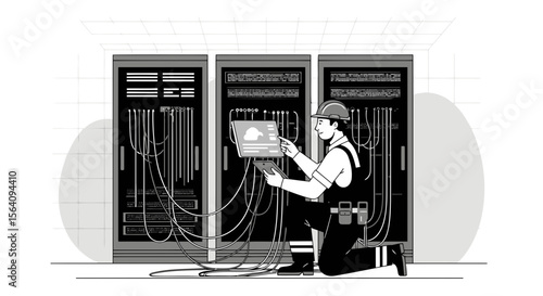 Data Center Technician Inspecting Server Racks With Tablets For Cloud Computing Network