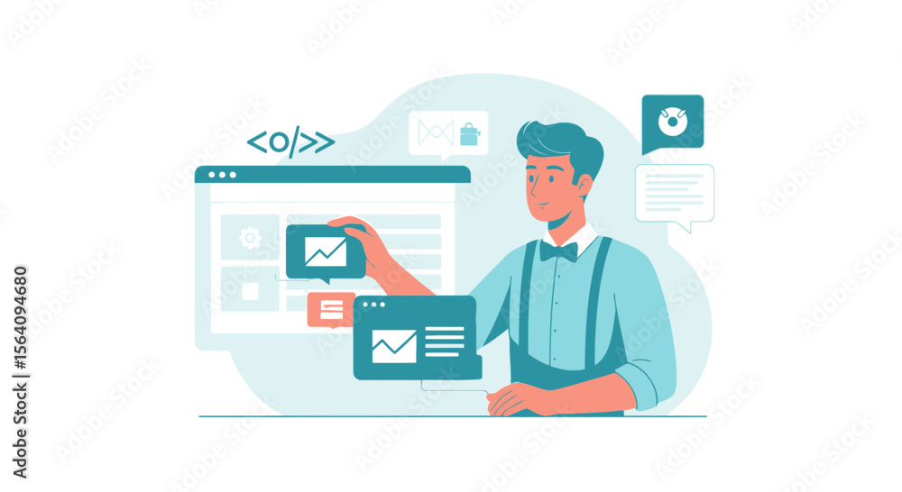 Designer Building Website Interface with Graphs and Code Creating User Experience Designer Building Website Interface with Graphs and Code Creating User Experience