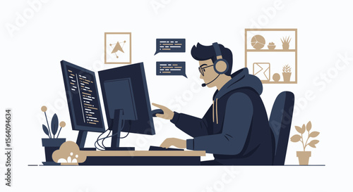 Developer Concentrating On Coding With Dual Monitors In Modern Office Space