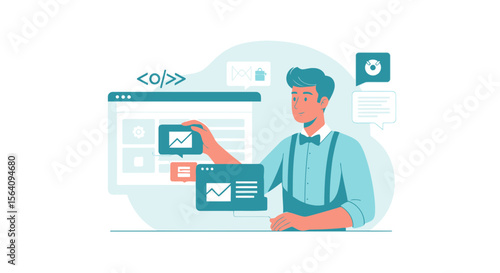 Designer Building Website Interface with Graphs and Code Creating User Experience