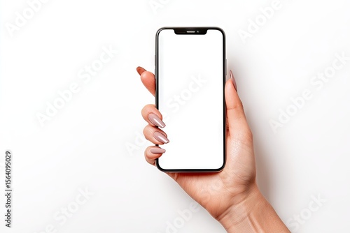 A woman's hand with elegantly manicured nails holds a smartphone vertically, displaying a blank white screen against a clean white background