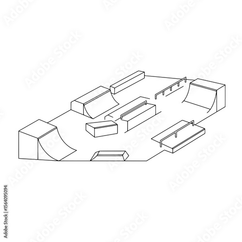Skatepark Outline: A detailed outline of a skatepark, featuring ramps, rails, and various obstacles designed for skateboarding and other action sports.