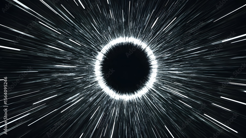 Obraz premium Abstract black hole illustration with bright streaks radiating outwards in space.