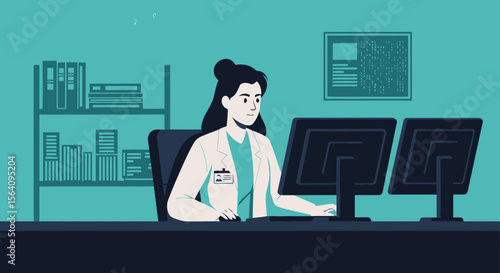 Female Doctor Working At Her Office With Dual Monitors On The Computer