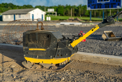 Photos Vibratory plate compactor on a construction site on compacted stone surface