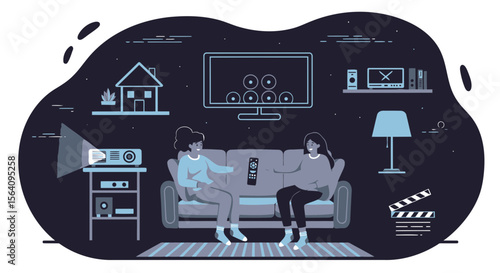 Evening Entertainment Two Girls Relaxing Together At Home Watching Movie