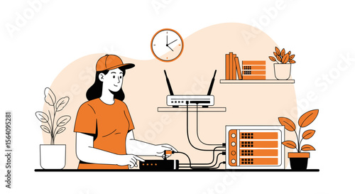 Engineer Fixing Internet Connection Setting Up Network Equipment at Home