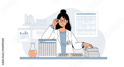 Female Scientist At Her Desk Working With Data And Research Materials
