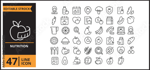 Nutrition Healthy Food Line Icons Set - 47 Outline Vector Icons Collection