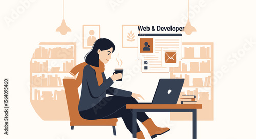 Freelance Woman Working On Laptop With Coffee In Cozy Book Filled Office