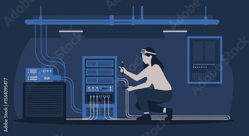 Female Network Engineer Troubleshooting Server Racks In Data Center Room Illustration