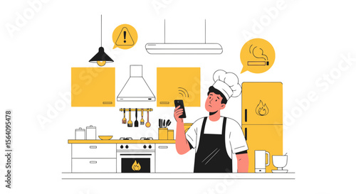 Frustrated Chef Receiving Alerts on His Phone in Modern Kitchen Setting