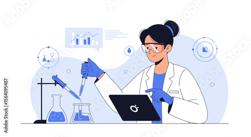 Female Researcher Conducting Experiment While Analyzing Data On Her Tablet