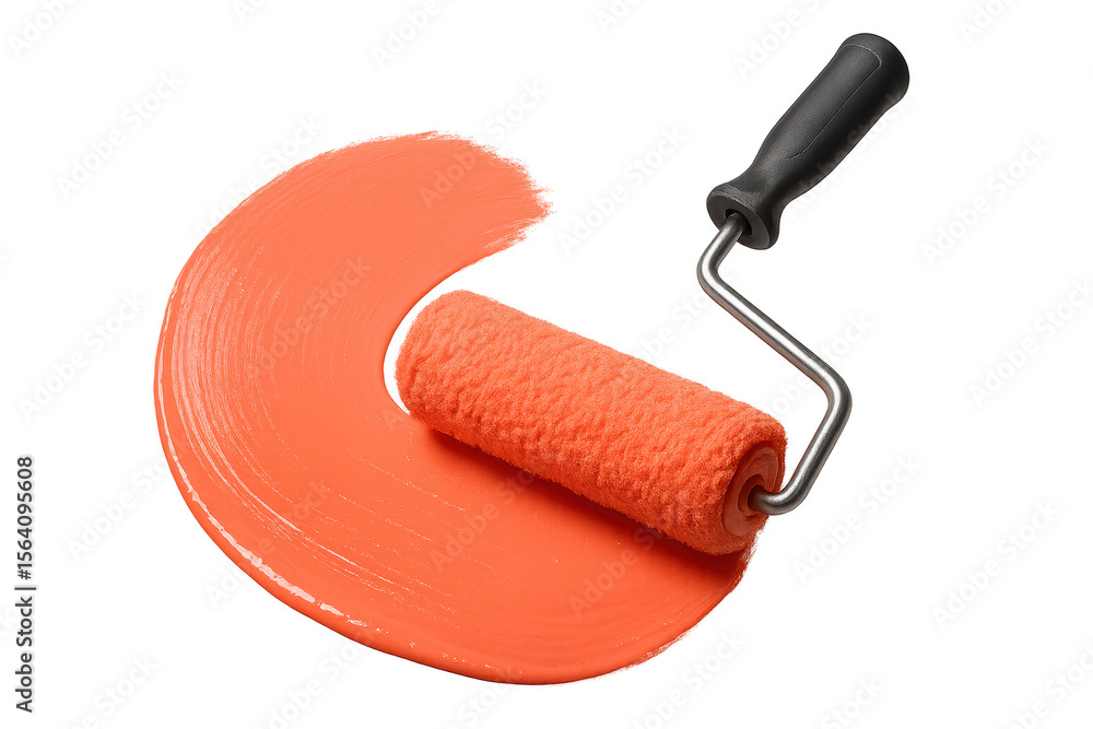 Obraz premium Orange paint roller applying vibrant paint swatch, isolated on transparent background.