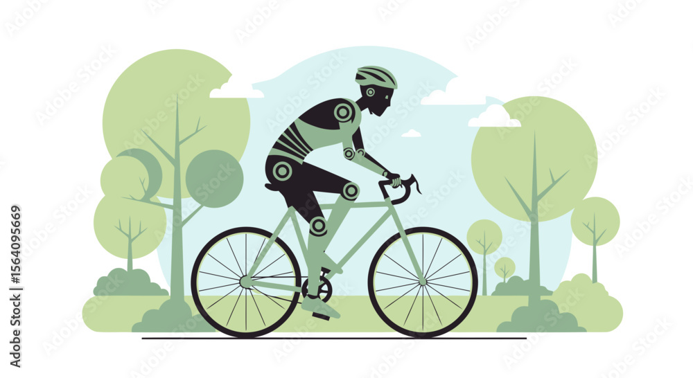 Naklejka premium Futuristic Cyclist: Robot Rides Bicycle Through Serene Green Park Landscape