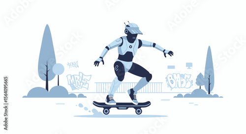 Futuristic Robot Skateboarding In Urban Landscape With Graffiti And Trees