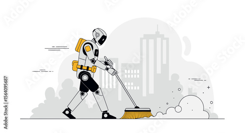 Futuristic Robot Sweeping Streets Automated City Maintenance In Illustrative Style