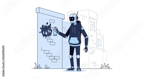Futuristic Graffiti Artist Robot Creating Street Art On Building Facade