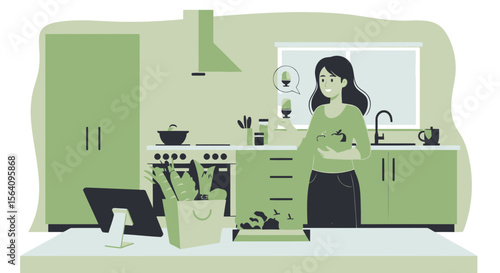 Happy Woman Using Voice Assistant to Prepare Healthy Meal in the Kitchen