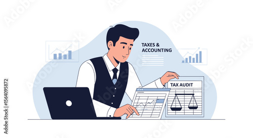Illustrative Accountant Analyzing Financial Data And Tax Documents On Laptop