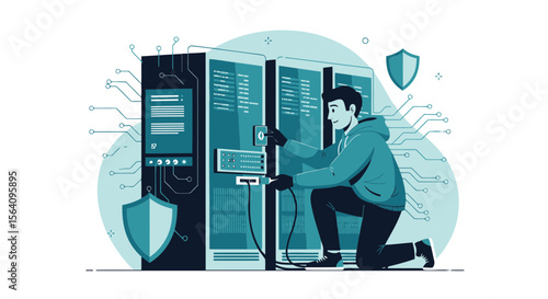 Hacker Accessing Server Data With Cyber Protection System Illustration