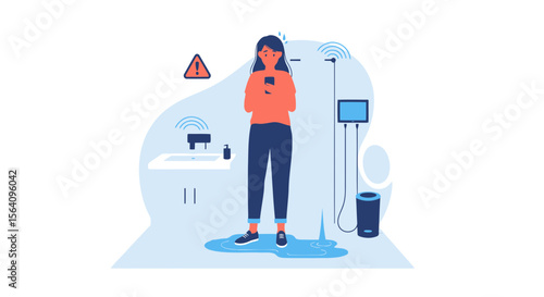 Ignoring Problems Woman Texting Over Floodwater Bathroom Tech Leak Notification